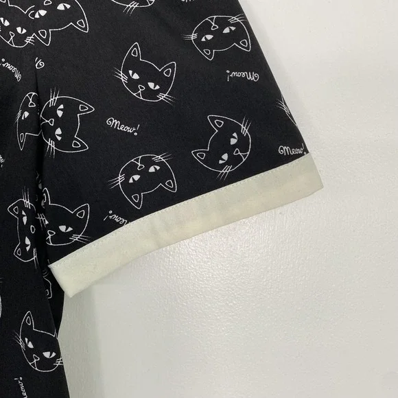 Hell Bunny Shirt Womens Medium Black Cat Print Short Sleeve Button Top Novelty - Picture 2 of 13